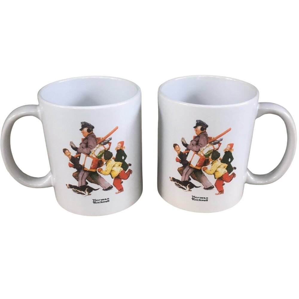 Norman Rockwell Coffee Mugs Set of 2 MSRF Design Studio Chicago Holiday Postman